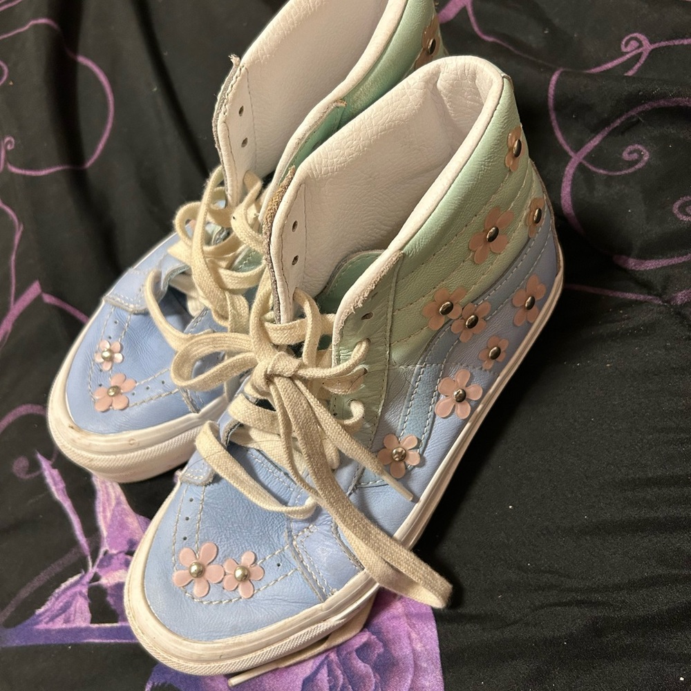 Vans Kids Sneakers in Blue and Green with Pink Flowers